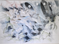 Valentina Cruz, Las prostitutas en la rambla, acuarela sobre papel, 69 x 99 cm., 1987